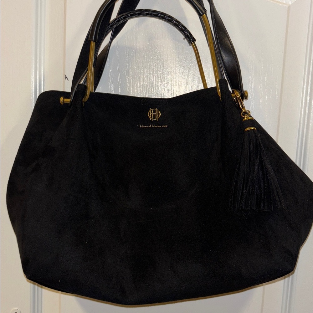 HOUSE OF HARLOW 1960 BLACK SUEDE BAG W/ SHOULDER STRAP GOLD/BRASS TONED HANDLE - Picture 7 of 16